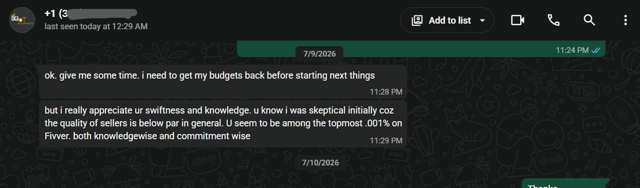 WhatsApp feedback screenshot praising the service's speed, knowledge, and commitment.