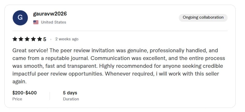 Client review screenshot from gauravw2026 describing peer review invitation support.