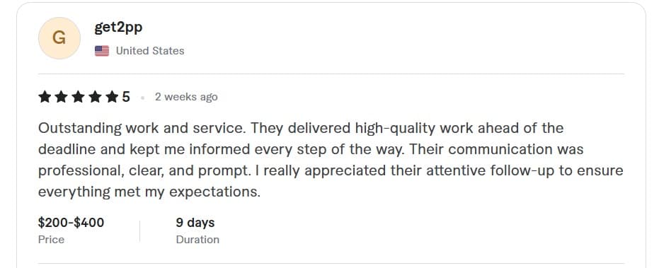 Client review screenshot from get2pp describing timely delivery and communication.