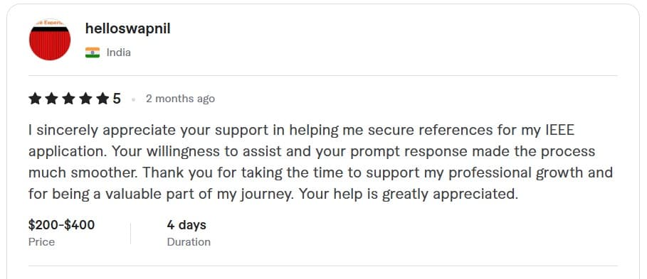 Client review screenshot from helloswapnil describing IEEE reference support.
