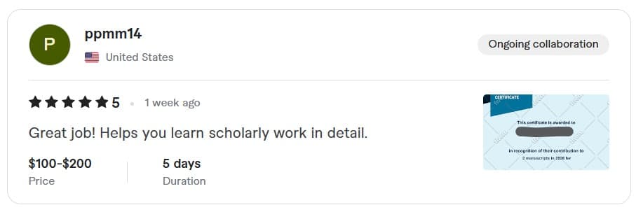 Client review screenshot from ppmm14 describing detailed scholarly support.
