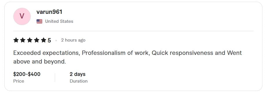 Client review screenshot from varun961 describing professional and responsive service.