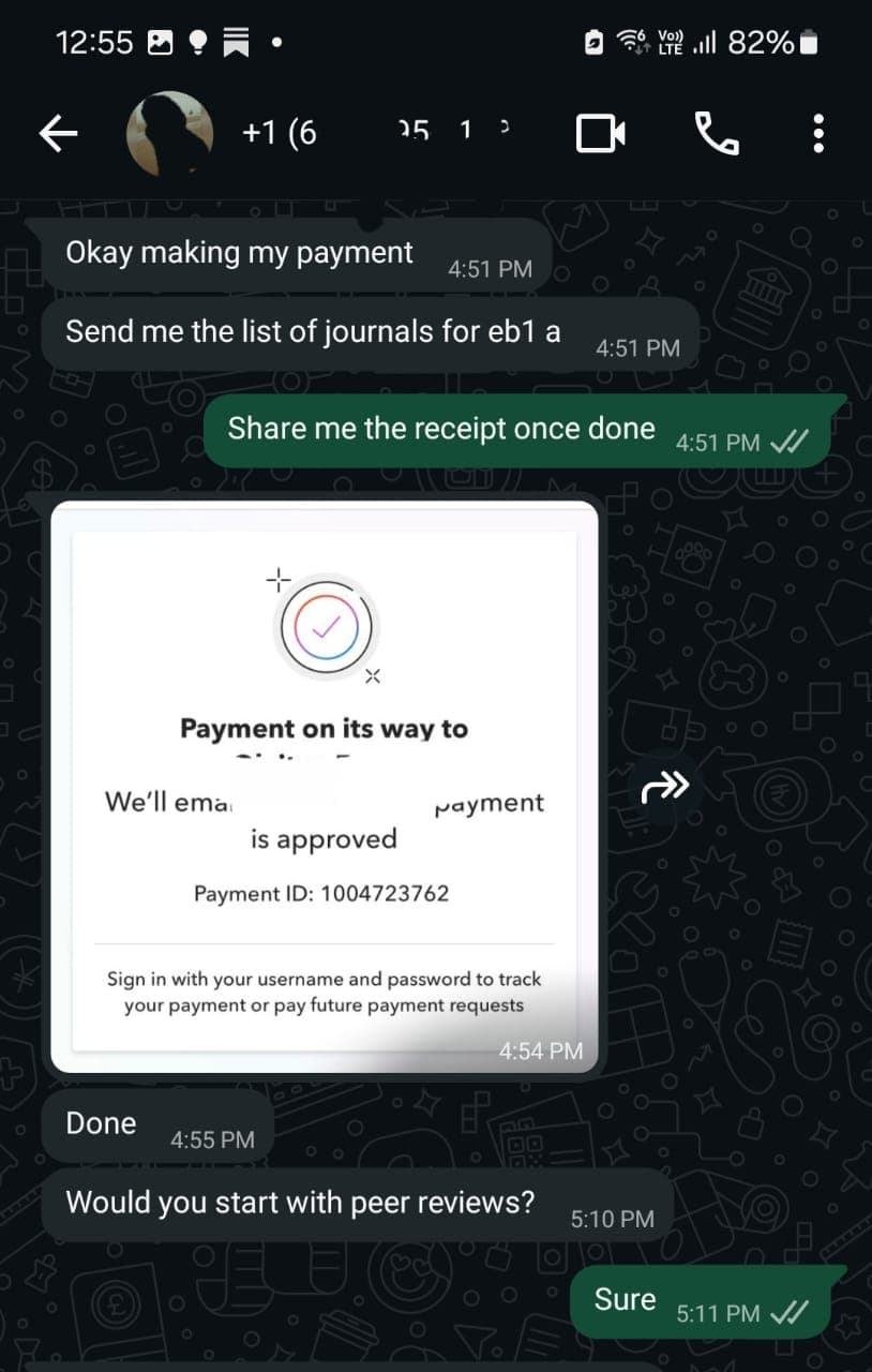 WhatsApp conversation screenshot about a payment and peer review support.