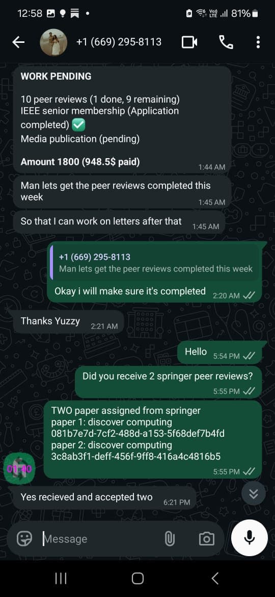 WhatsApp conversation screenshot confirming two peer review assignments.