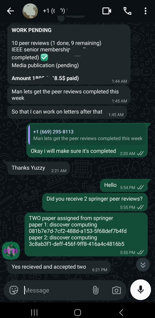 Additional WhatsApp conversation screenshot confirming peer review assignments.