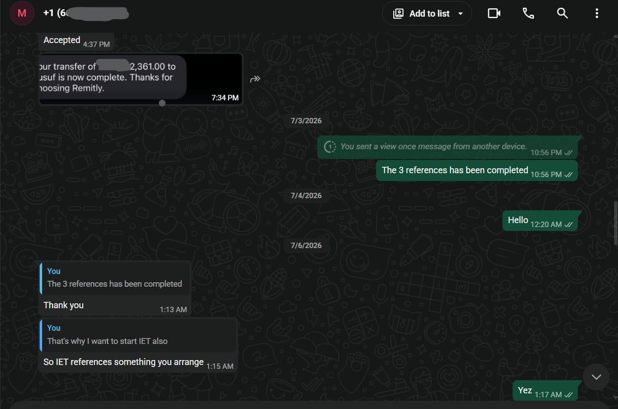 WhatsApp conversation screenshot about completed professional references.