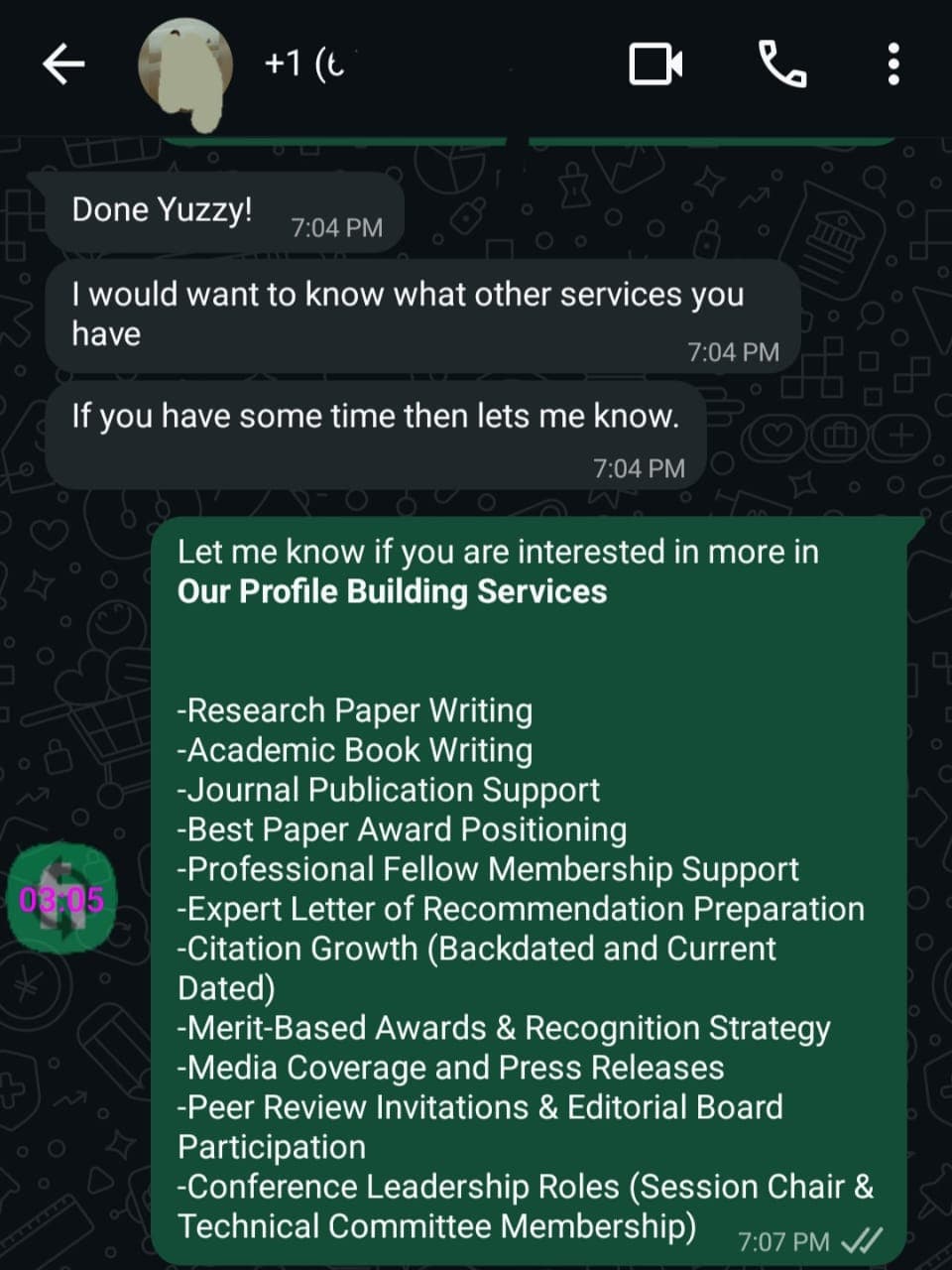 WhatsApp conversation screenshot about profile building services.